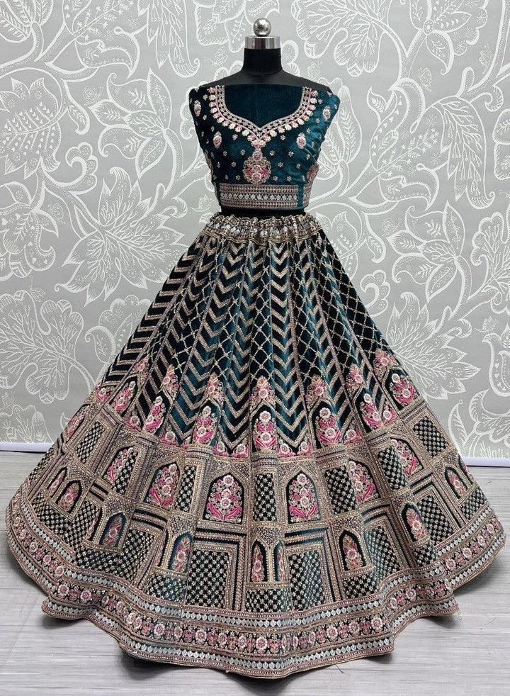 Wonderful Green Multi-Thread Word Velvet Bridal Lehenga Choli