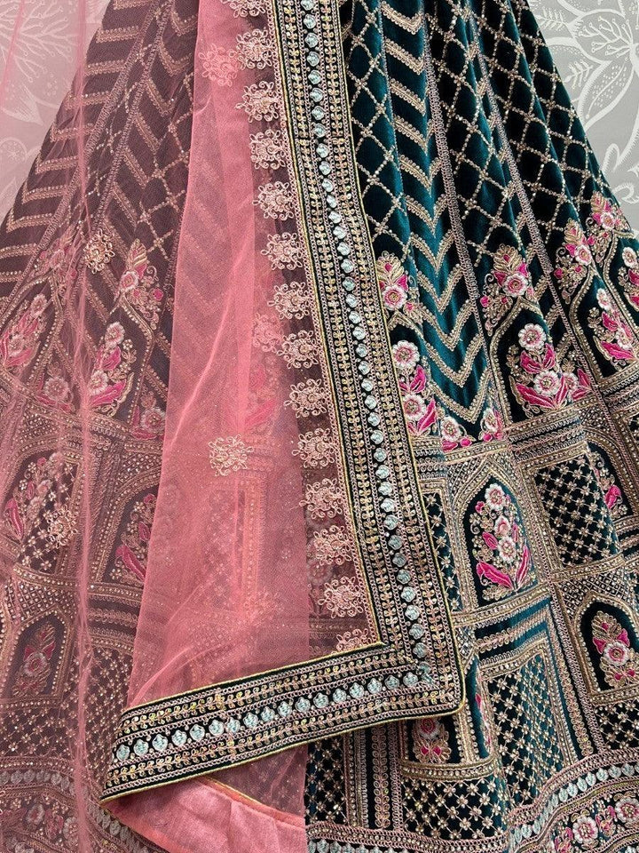 Wonderful Green Multi-Thread Word Velvet Bridal Lehenga Choli