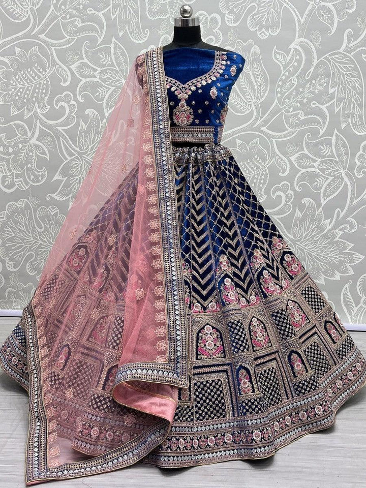 Blue Dori Work Velvet Bridal Lehenga Choli With Dupatta