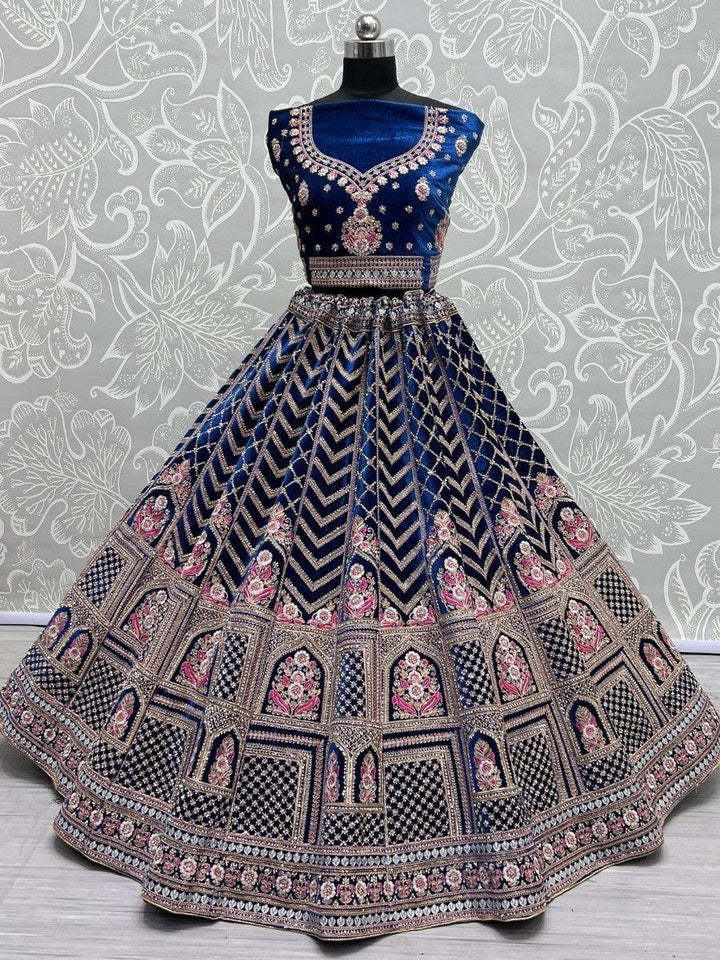 Enticing Blue Dori Work Velvet Bridal Lehenga Choli With Dupatta