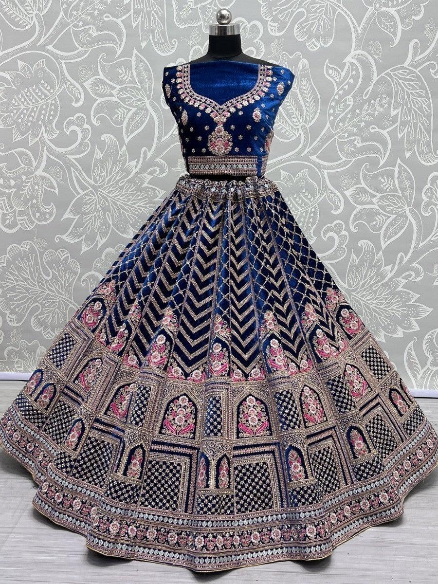 Blue Dori Work Velvet Bridal Lehenga Choli With Dupatta