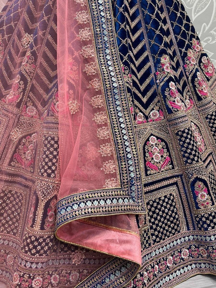 Enticing Blue Dori Work Velvet Bridal Lehenga Choli With Dupatta