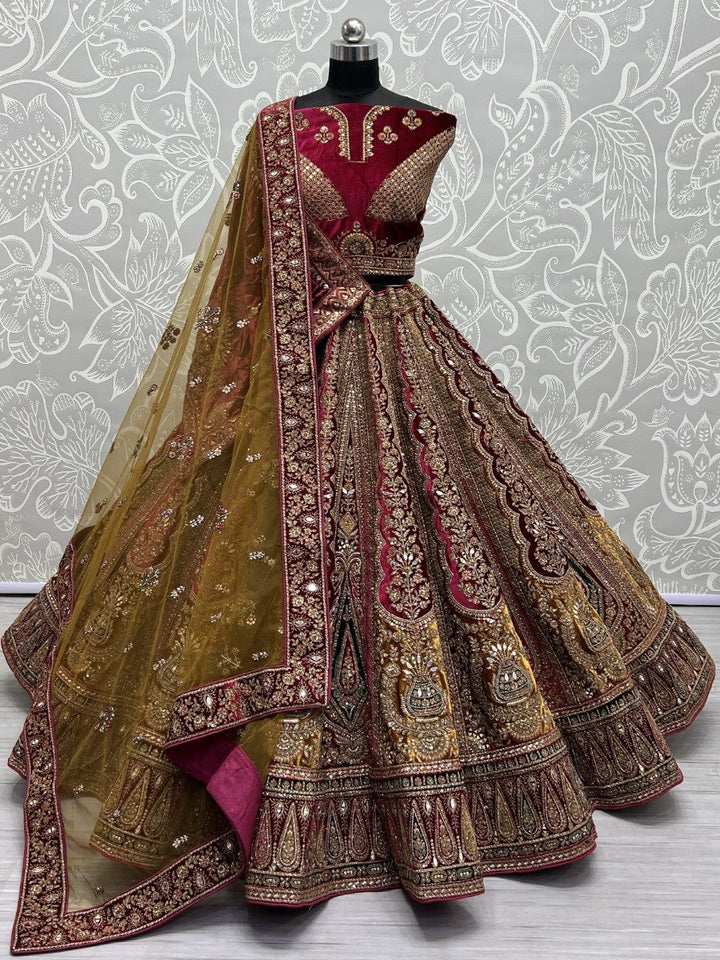 Lovely Maroon Embroidered Velvet Bridal Lehenga Choli With Double Dupatta