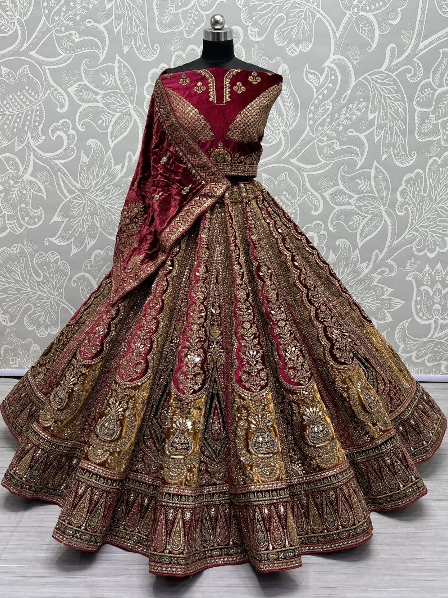 Lovely Maroon Embroidered Velvet Bridal Lehenga Choli With Double Dupatta