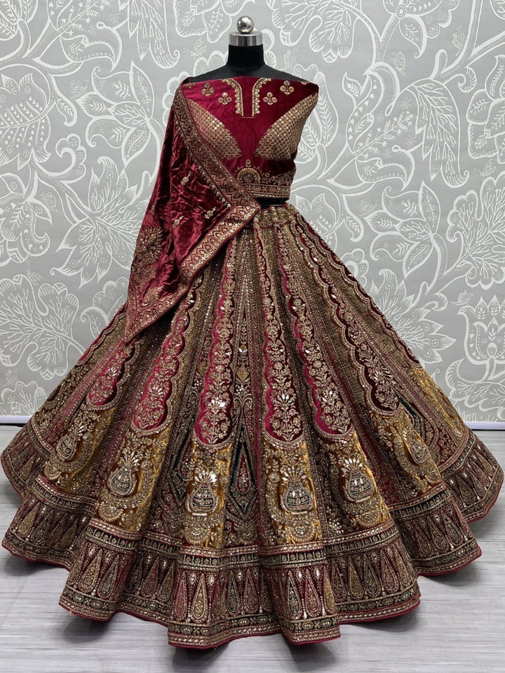 Maroon Embroidered Velvet Bridal Lehenga Choli With Double Dupatta