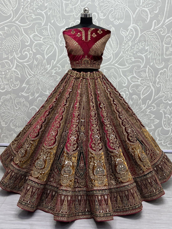 Lovely Maroon Embroidered Velvet Bridal Lehenga Choli With Double Dupatta
