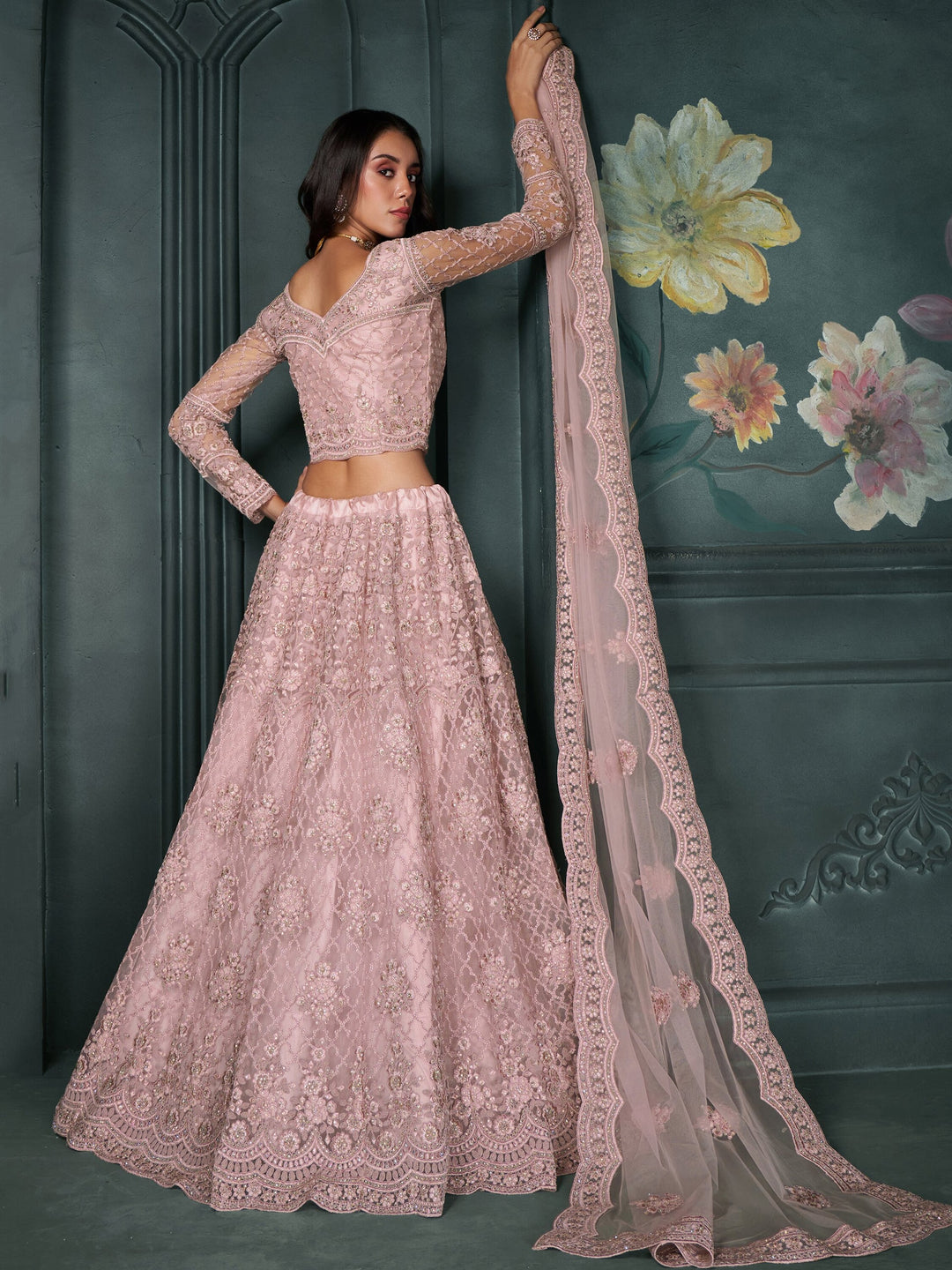 Dusty Pink Embroidered Net Bridesmaid Lehenga Choli
