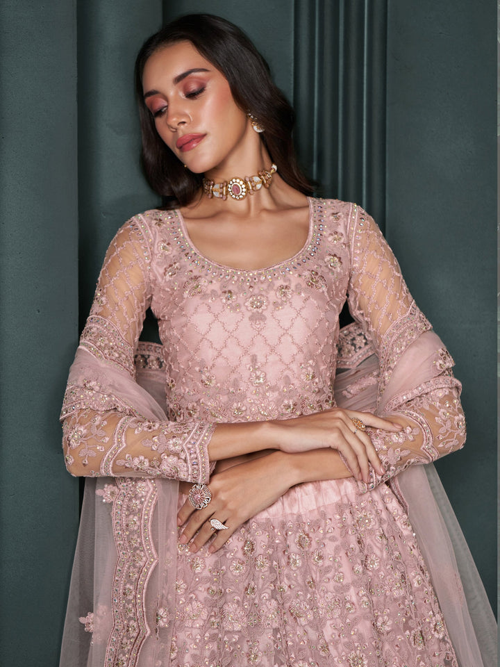 Dusty Pink Embroidered Net Bridesmaid Lehenga Choli
