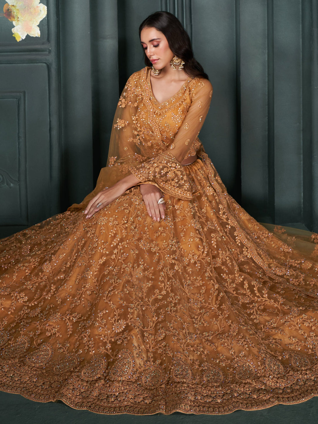 Fascinating Orange Thread Work Net Engagement Wear Lehenga Choli