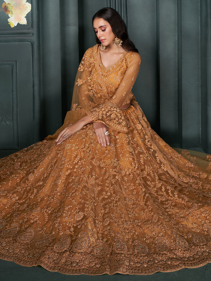 Orange Thread Work Net Engagement Wear Lehenga Choli