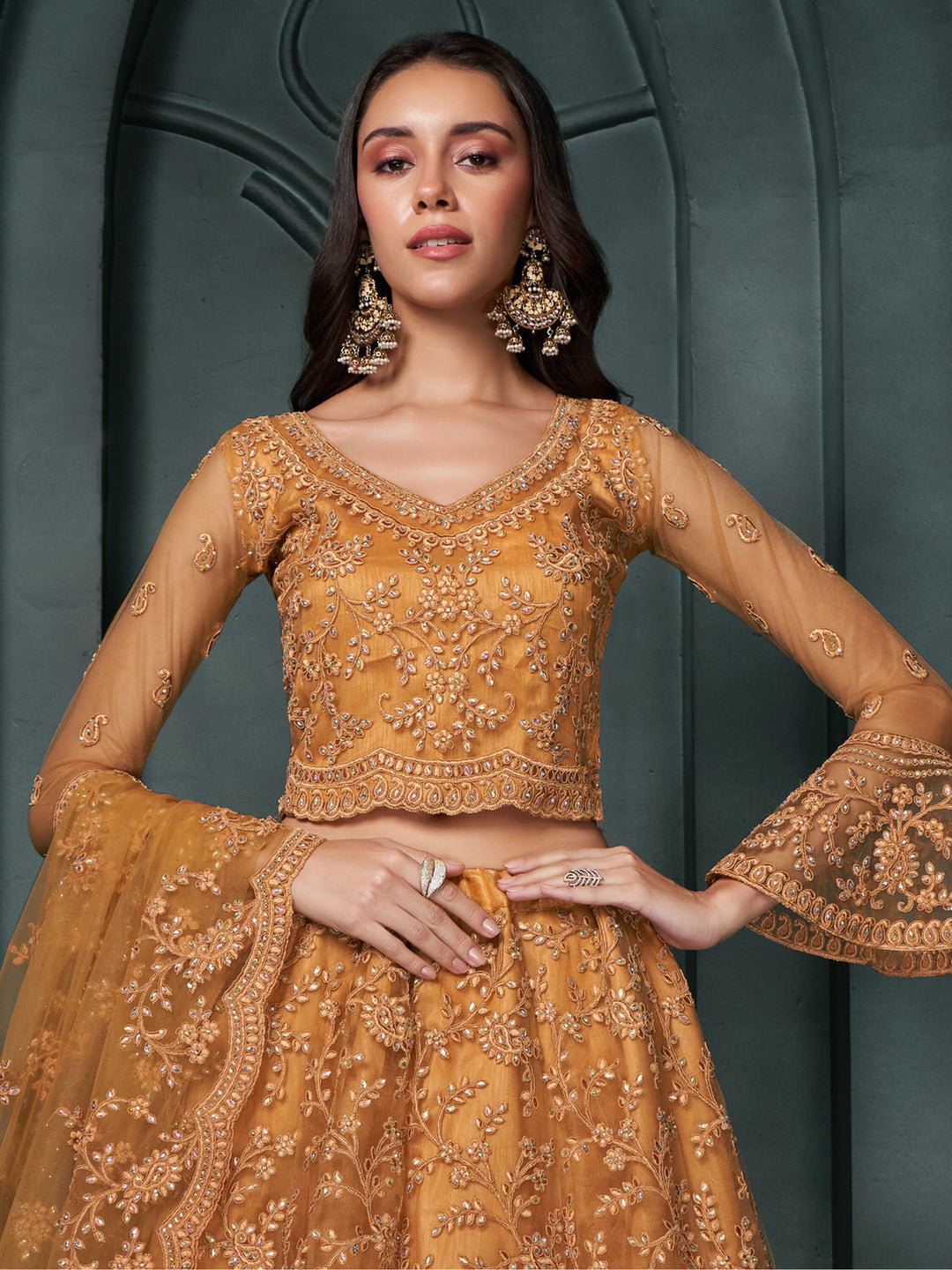 Orange Thread Work Net Engagement Wear Lehenga Choli
