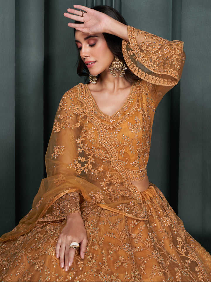 Orange Thread Work Net Engagement Wear Lehenga Choli