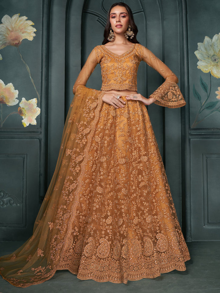 Orange Thread Work Net Engagement Wear Lehenga Choli