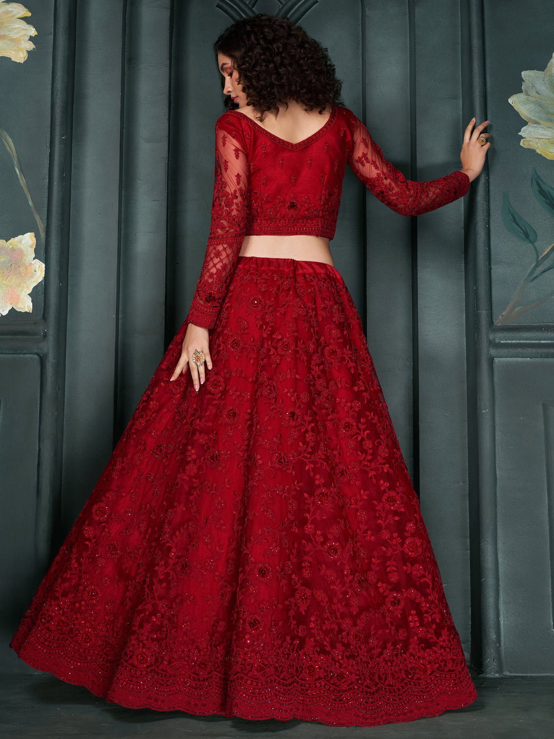 Red Embroidered Net Bridesmaid Lehenga Choli With Dupatta
