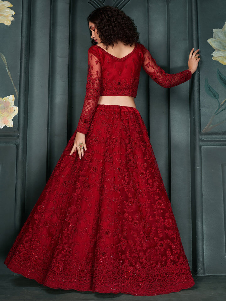 Red Embroidered Net Bridesmaid Lehenga Choli With Dupatta