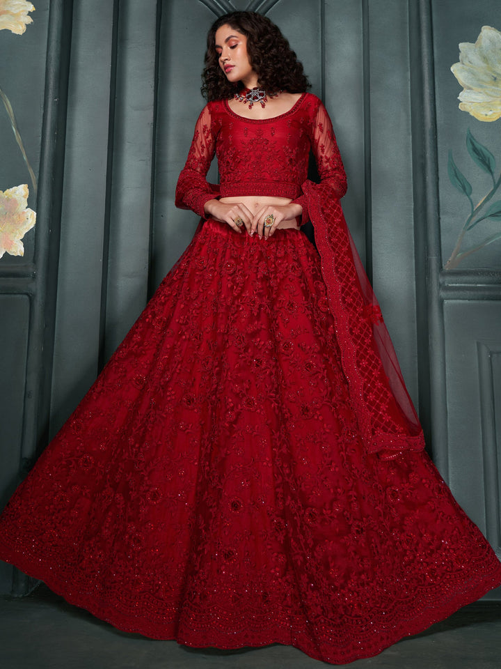 Red Embroidered Net Bridesmaid Lehenga Choli With Dupatta