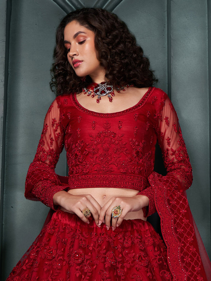 Red Embroidered Net Bridesmaid Lehenga Choli With Dupatta
