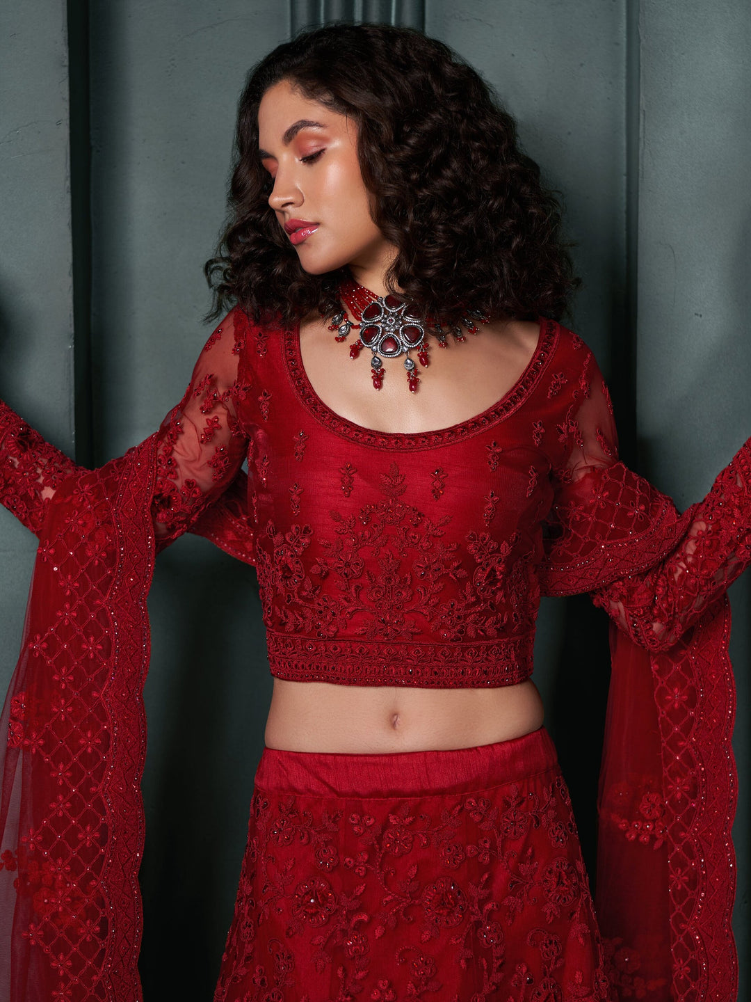 Red Embroidered Net Bridesmaid Lehenga Choli With Dupatta