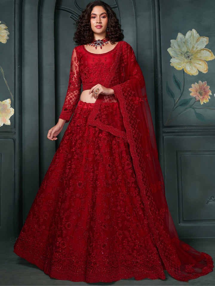 Red Embroidered Net Bridesmaid Lehenga Choli With Dupatta