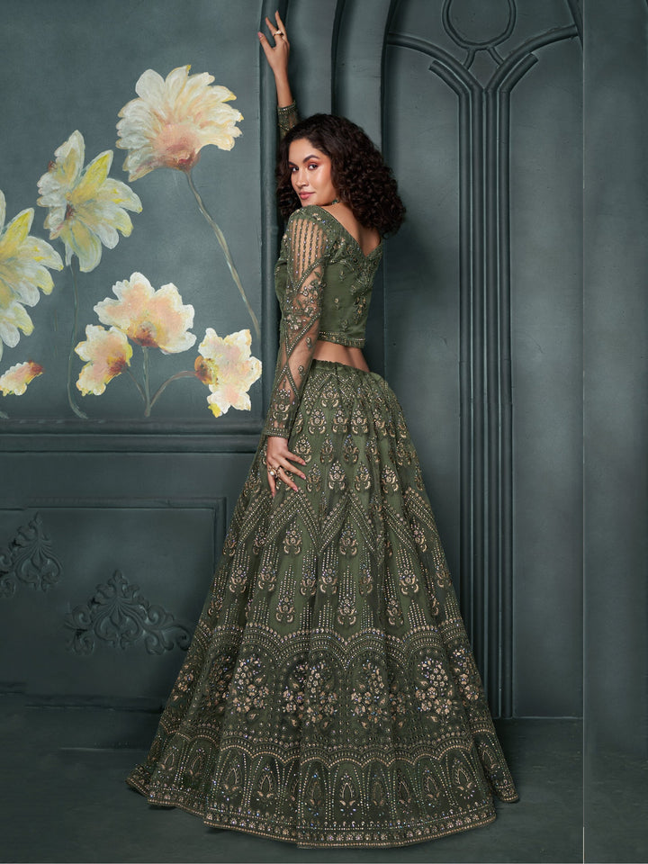 Olive Green Embroidered Net Mehendi Wear Lehenga Choli