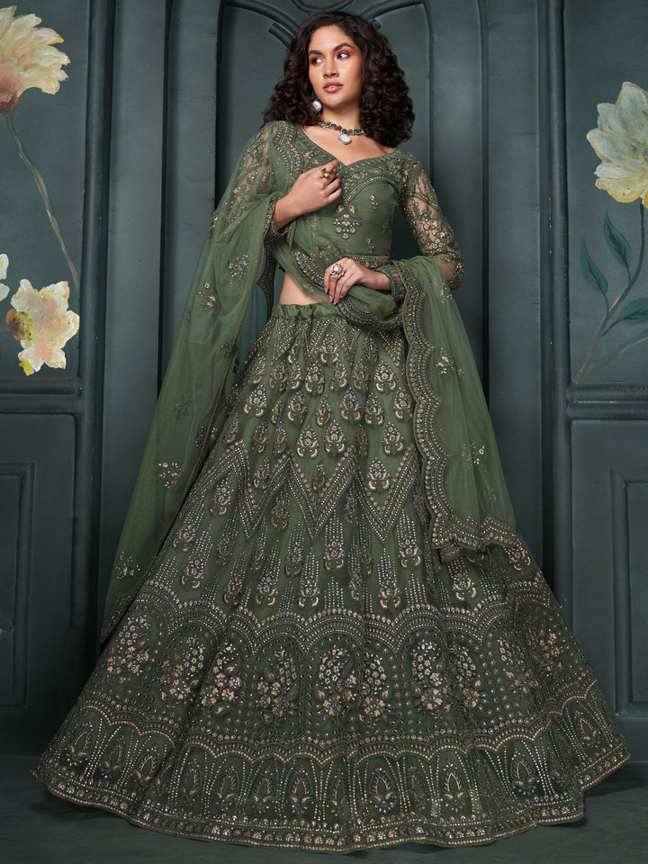 Olive Green Embroidered Net Mehendi Wear Lehenga Choli