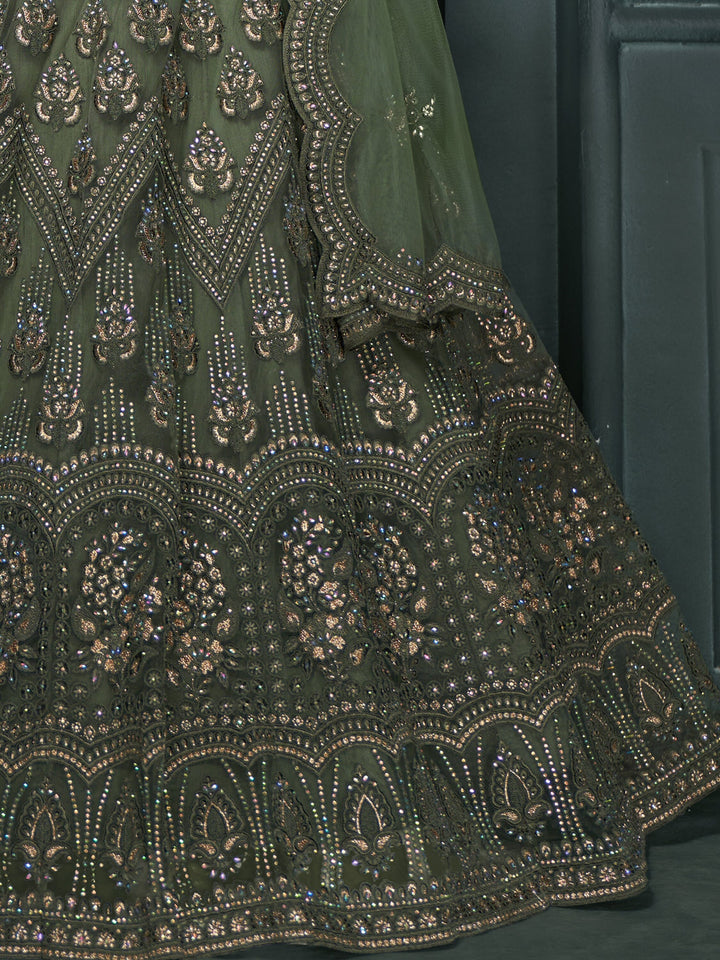 Olive Green Embroidered Net Mehendi Wear Lehenga Choli