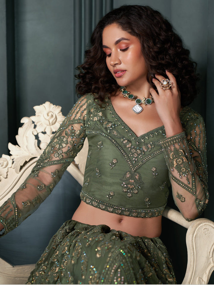 Olive Green Embroidered Net Mehendi Wear Lehenga Choli