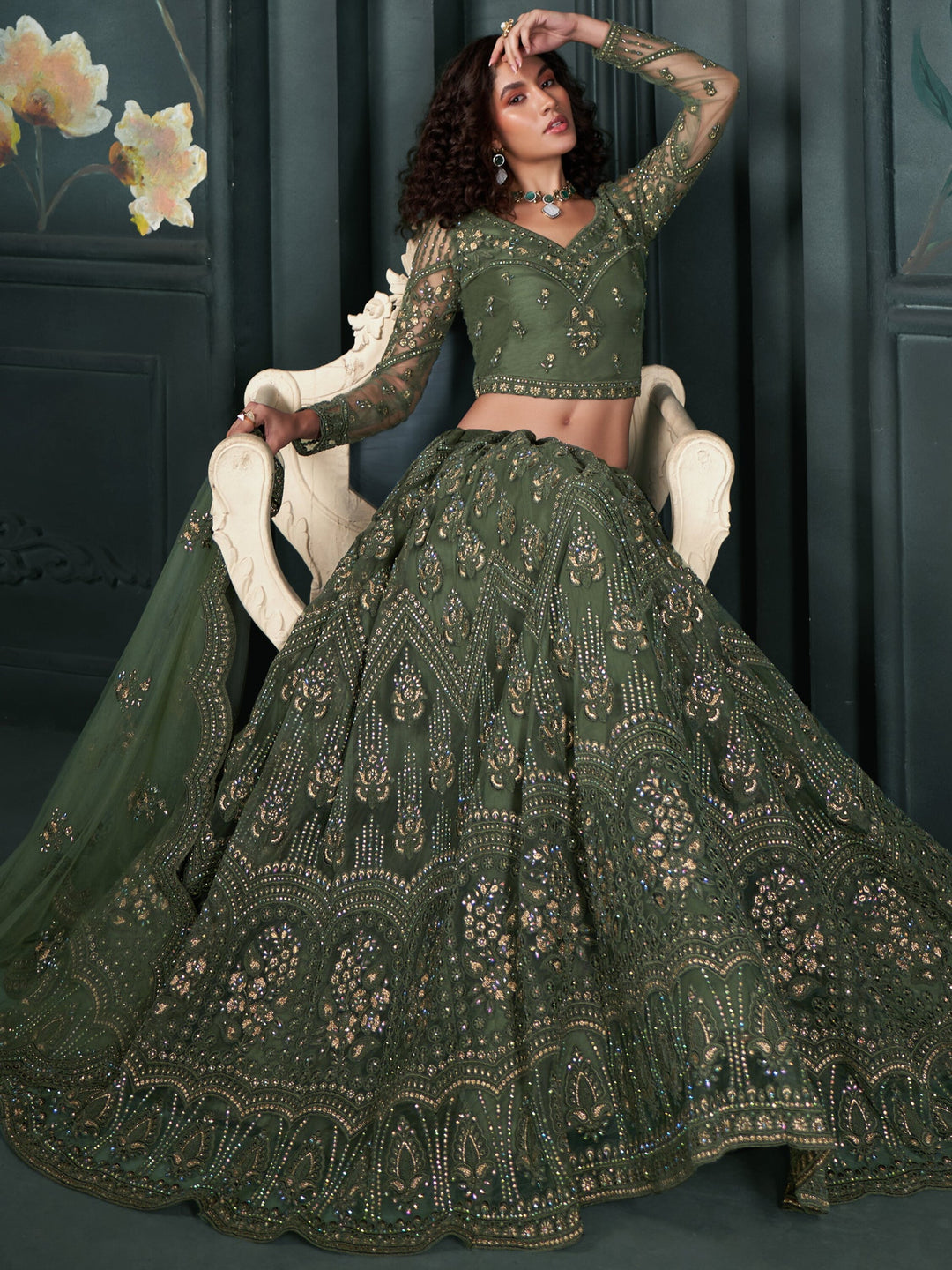Olive Green Embroidered Net Mehendi Wear Lehenga Choli