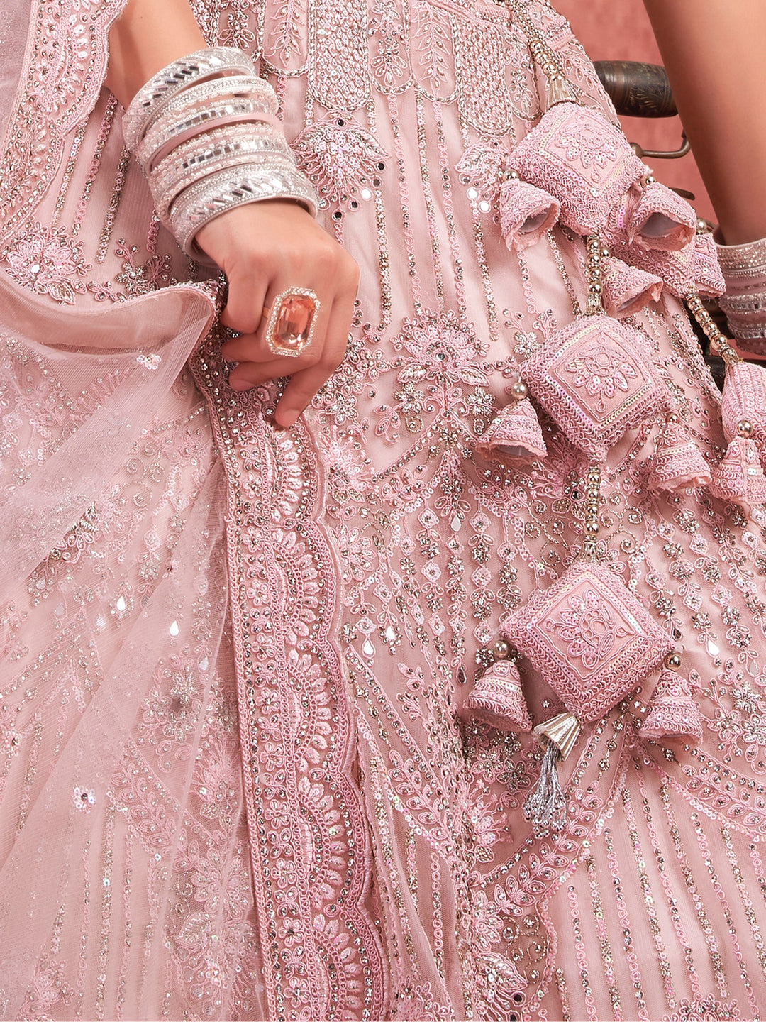 Pink Mirror Work Net Bridal Lehenga Choli With Dupatta
