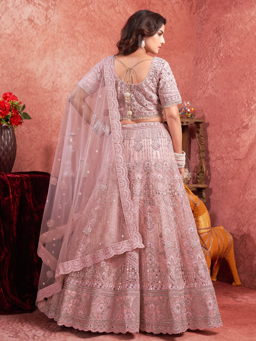 Pink Mirror Work Net Bridal Lehenga Choli With Dupatta