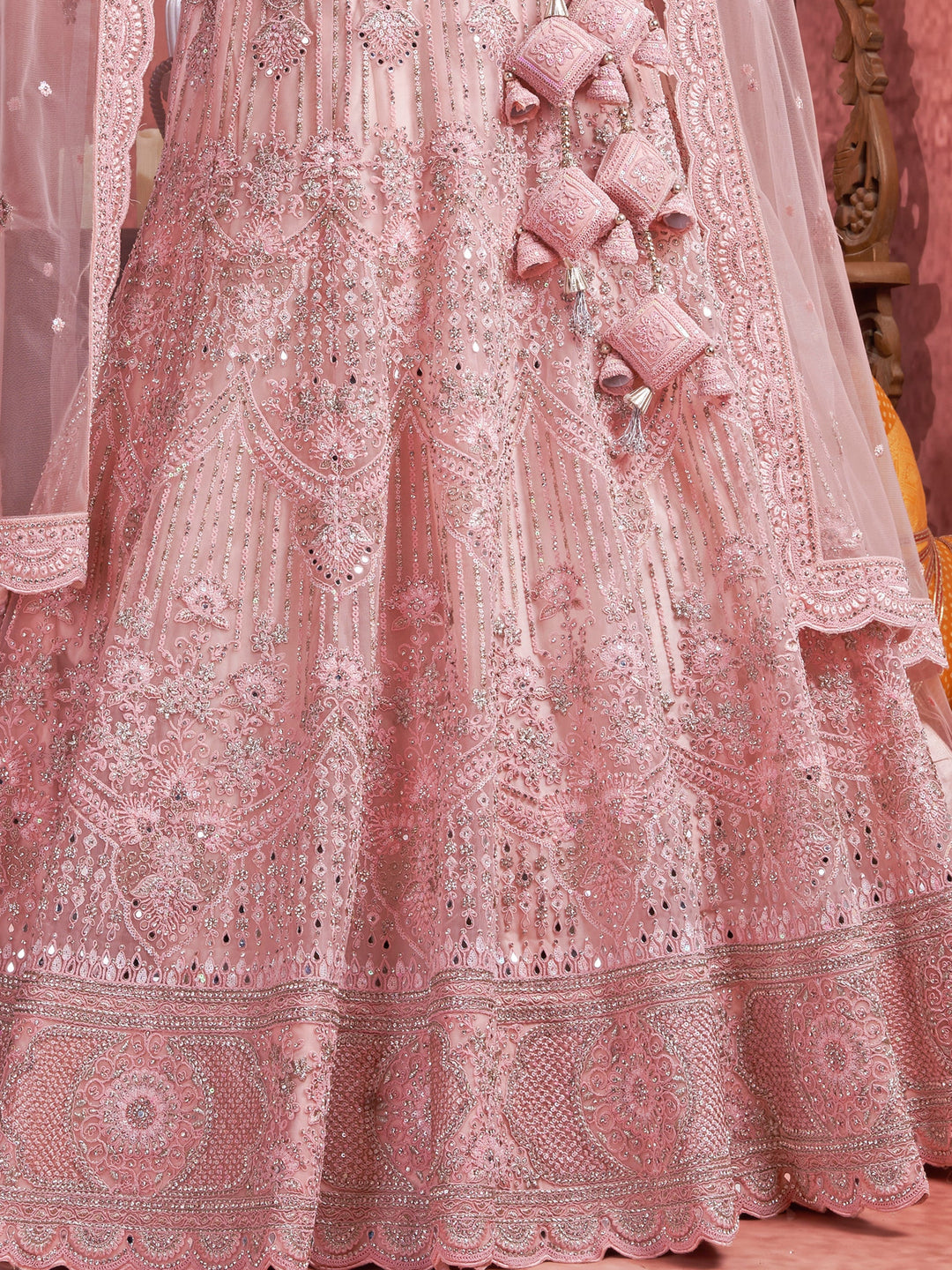 Pink Mirror Work Net Bridal Lehenga Choli With Dupatta