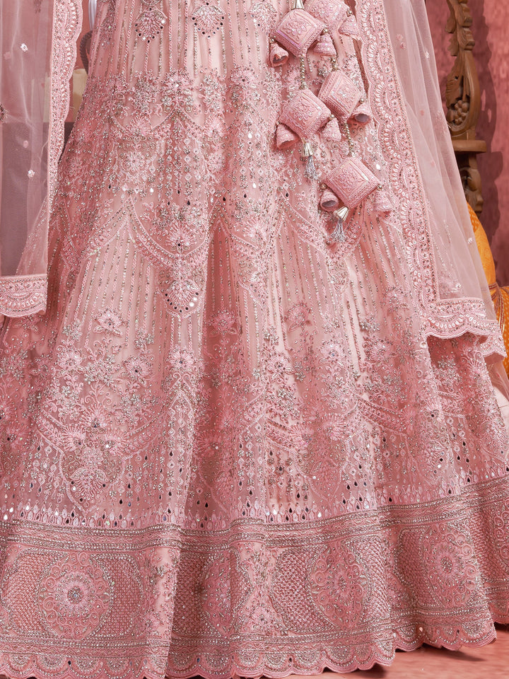 Pink Mirror Work Net Bridal Lehenga Choli With Dupatta