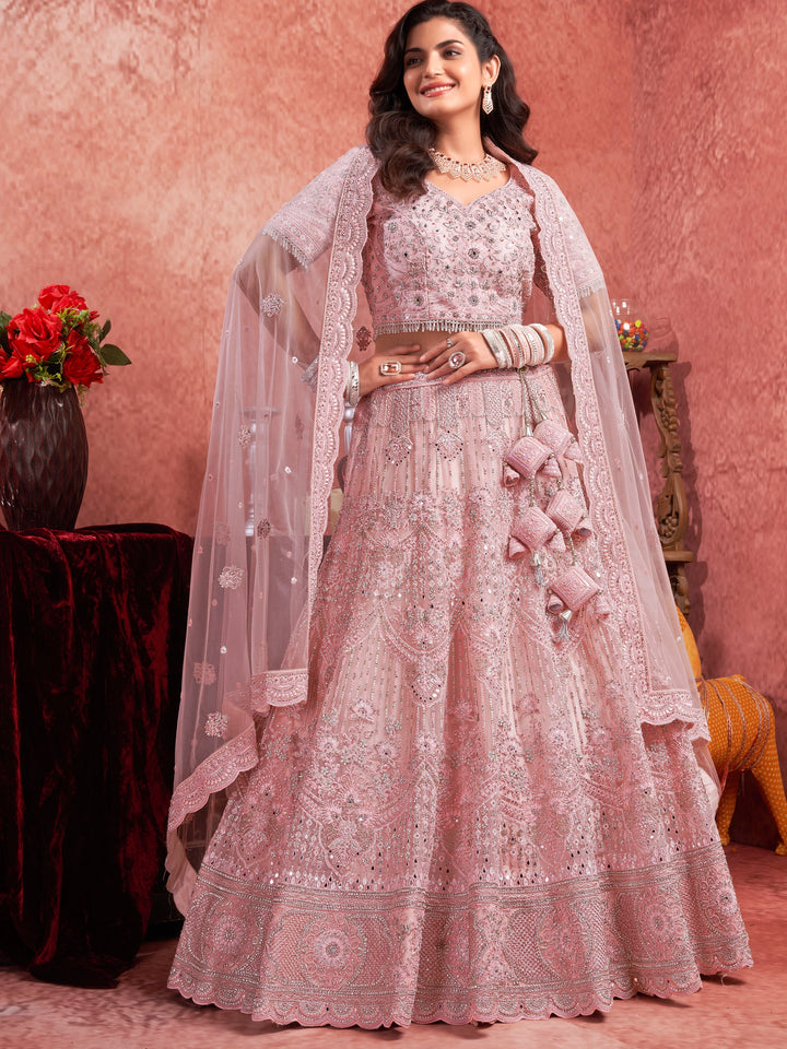 Pink Mirror Work Net Bridal Lehenga Choli With Dupatta