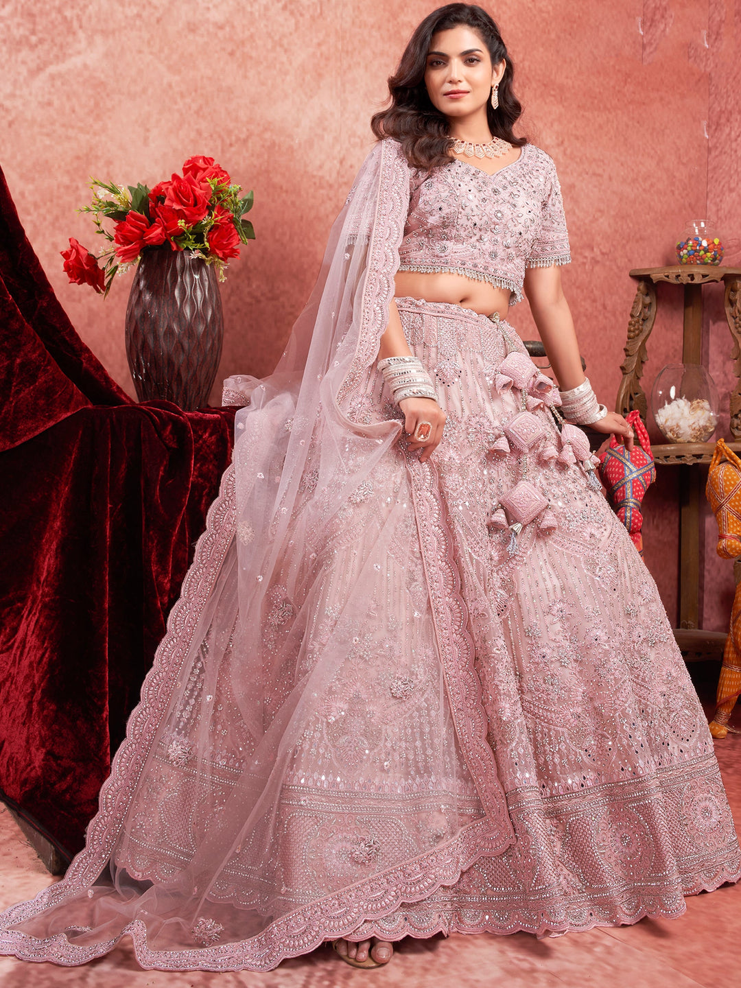 Pink Mirror Work Net Bridal Lehenga Choli With Dupatta