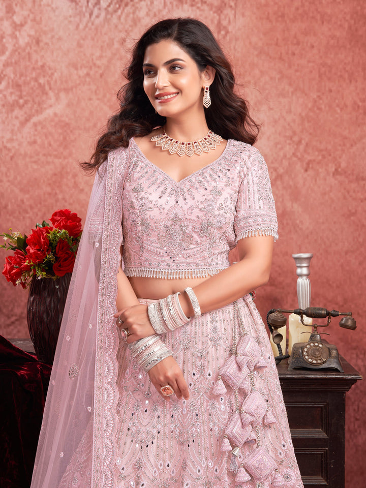 Baby Pink Sequins Net Bridesmaid Lehenga Choli With Dupatta