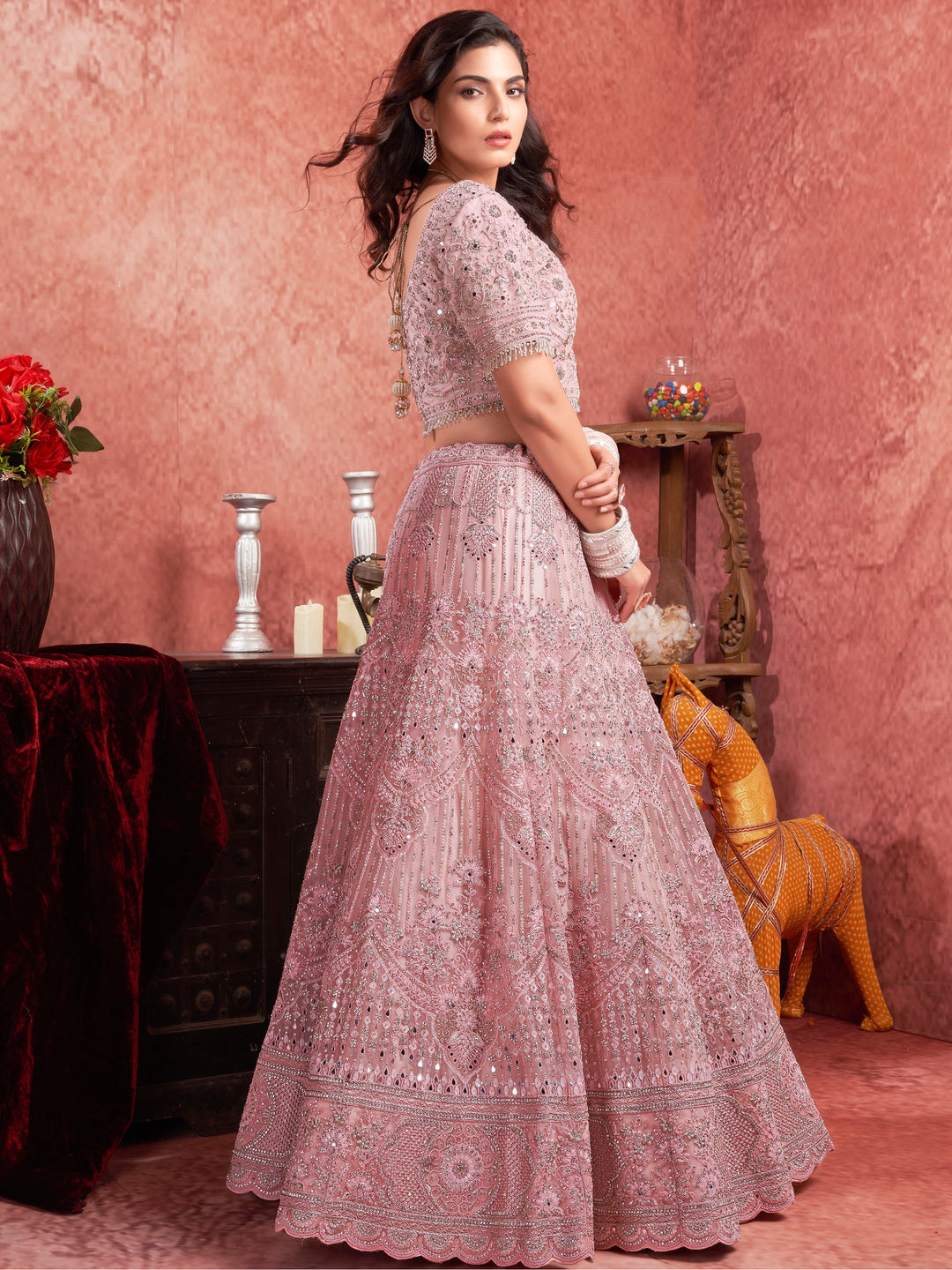 Pink Mirror Work Net Bridal Lehenga Choli With Dupatta