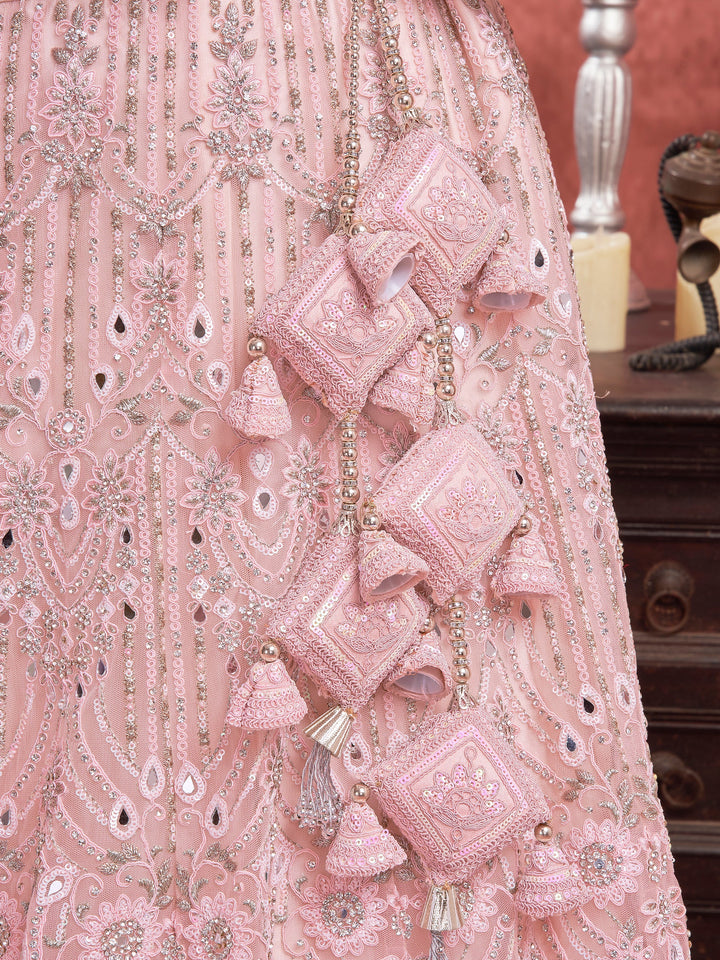 Baby Pink Sequins Net Bridesmaid Lehenga Choli With Dupatta