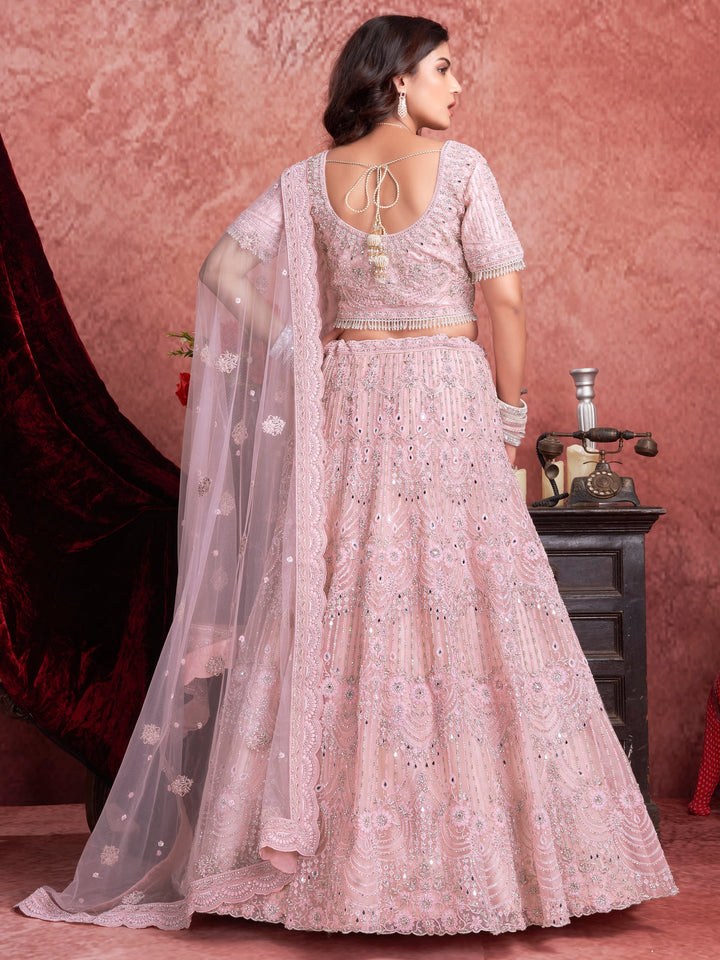 Baby Pink Sequins Net Bridesmaid Lehenga Choli With Dupatta