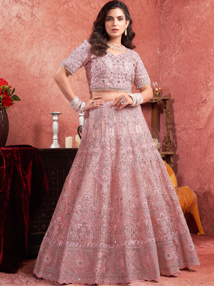 Pink Mirror Work Net Bridal Lehenga Choli With Dupatta