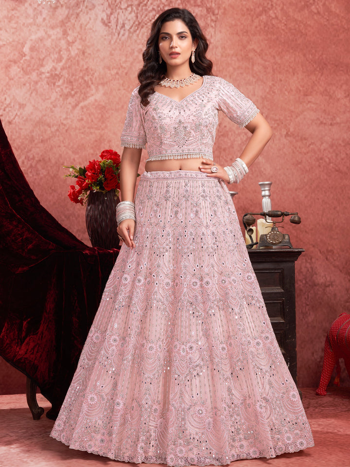 Baby Pink Sequins Net Bridesmaid Lehenga Choli With Dupatta