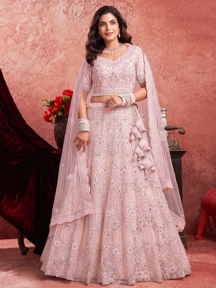 Baby Pink Sequins Net Bridesmaid Lehenga Choli With Dupatta