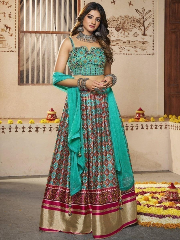 Turquoise Patola Print Silk Lehenga With Embroidered Choli