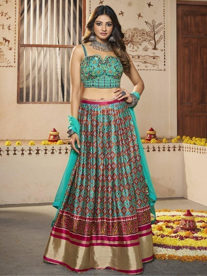 Turquoise Patola Print Silk Lehenga With Embroidered Choli
