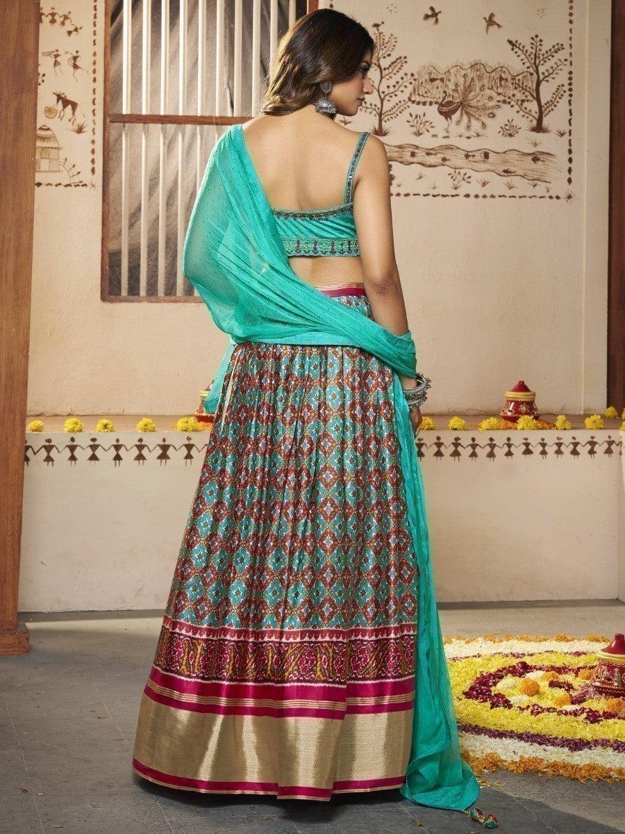 Turquoise Patola Print Silk Lehenga With Embroidered Choli