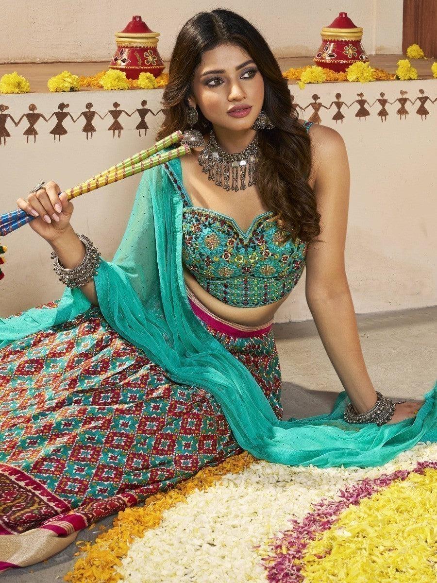 Turquoise Patola Print Silk Lehenga With Embroidered Choli
