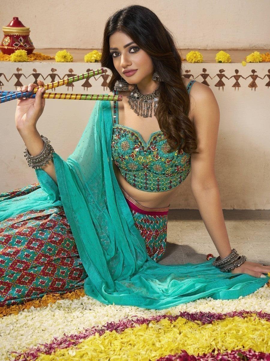 Turquoise Patola Print Silk Lehenga With Embroidered Choli