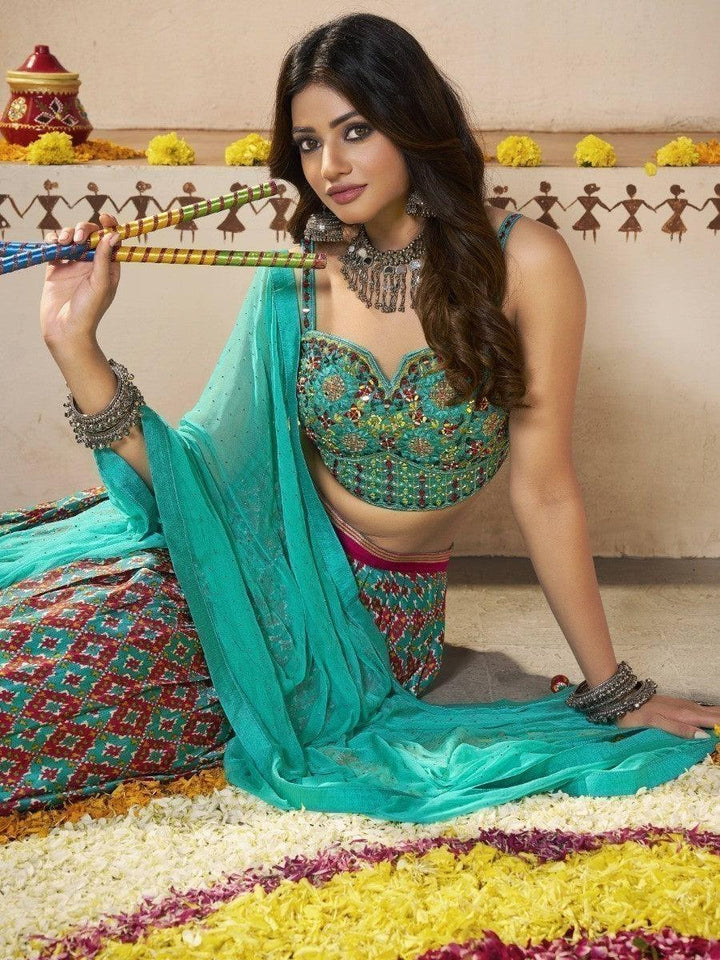 Turquoise Patola Print Silk Lehenga With Embroidered Choli