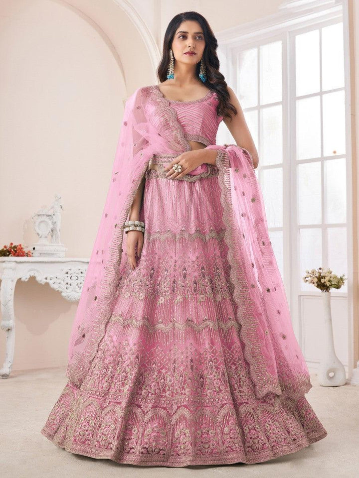 Pink Sequins Net Wedding Wear Lehenga Choli With Dupatta