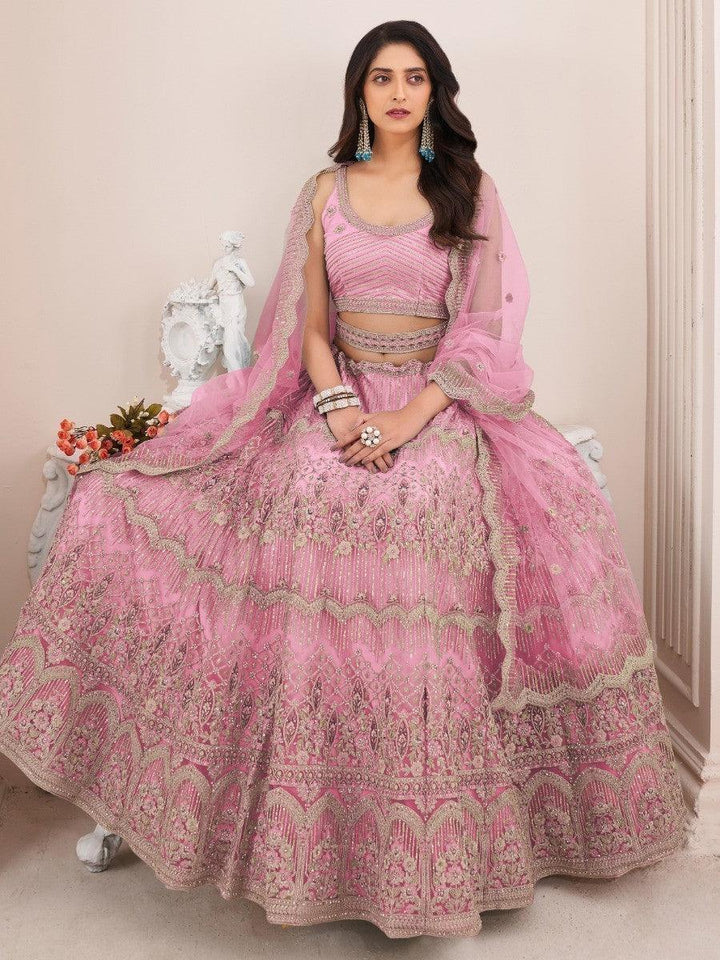Pink Sequins Net Wedding Wear Lehenga Choli With Dupatta