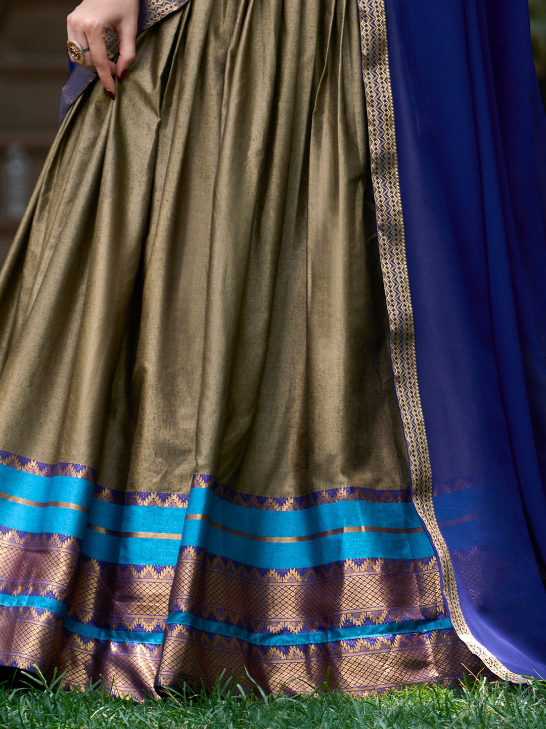 Olive Green Zari Weaving Cotton Traditional Half Saree Lehenga